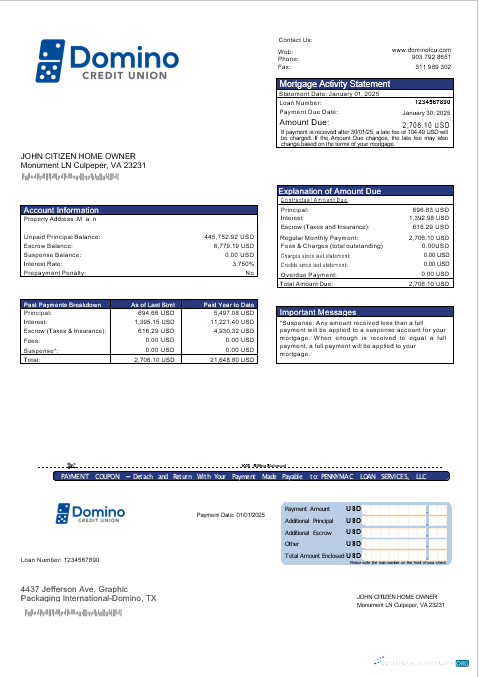 Download USA Bank of Domino bank mortgage statement in Word and PDF formats Photoshop template
